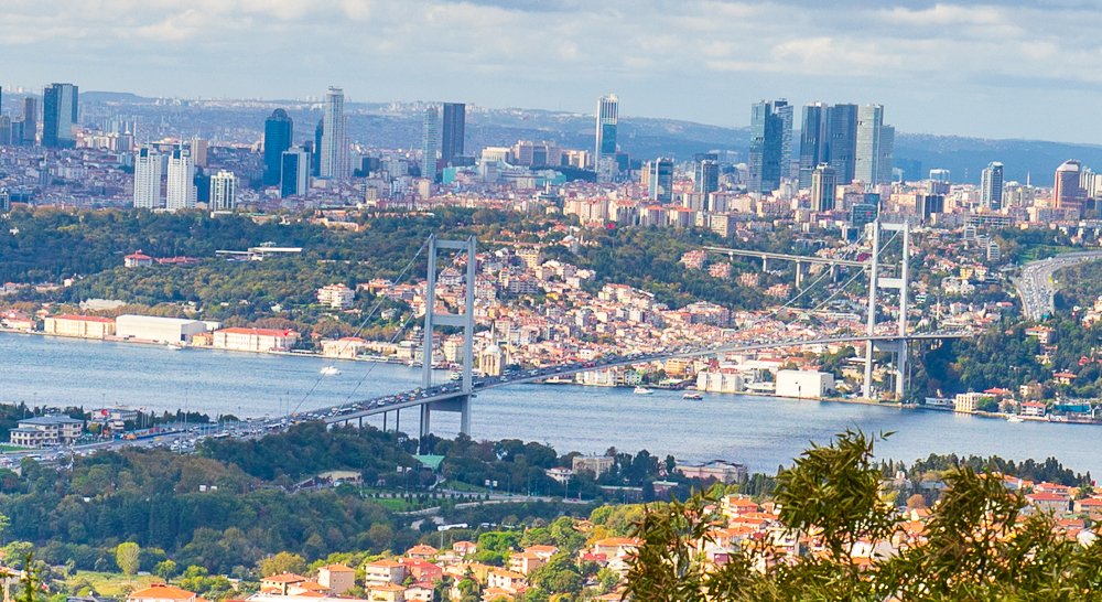 Uitzicht over de Bosporus en de bruggen vanaf de heuvel van Camlica