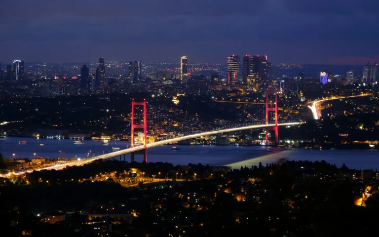 Istanbul en de Bosporusbrug bij nacht
