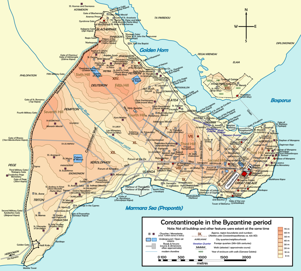 Kaart van het Byzantijnse Constantinopel met de loop van de stadsmuren